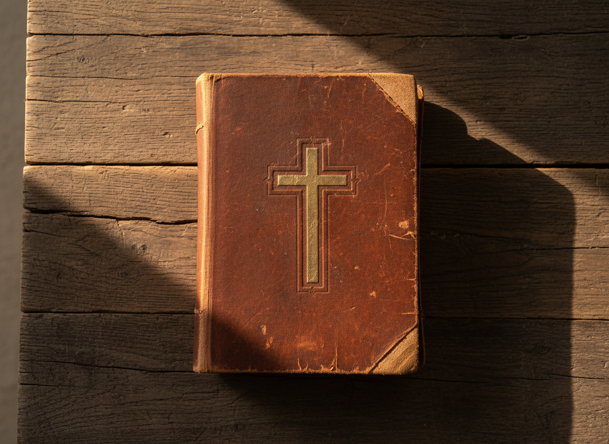 An antique leather-bound journal embossed with a subtle gold cross and worn along the edges, resting atop a rough-hewn wooden table. The scene is set against a minimalist, sandy beige background, free from distractions. Shafts of golden hour sunlight enter from the side, creating sharp, elongated shadows and highlighting the journal's rich textures and the glint of gold embossing. The composition uses a top-down view with crisp focus on the journal and table grain. The mood is bold and contemplative, evoking a sense of rooted faith anchoring a purposeful journey. The overall style is photographic realism with striking contrasts, mirroring the site's adventurous spirit and focus on meaningful, faith-driven travel.