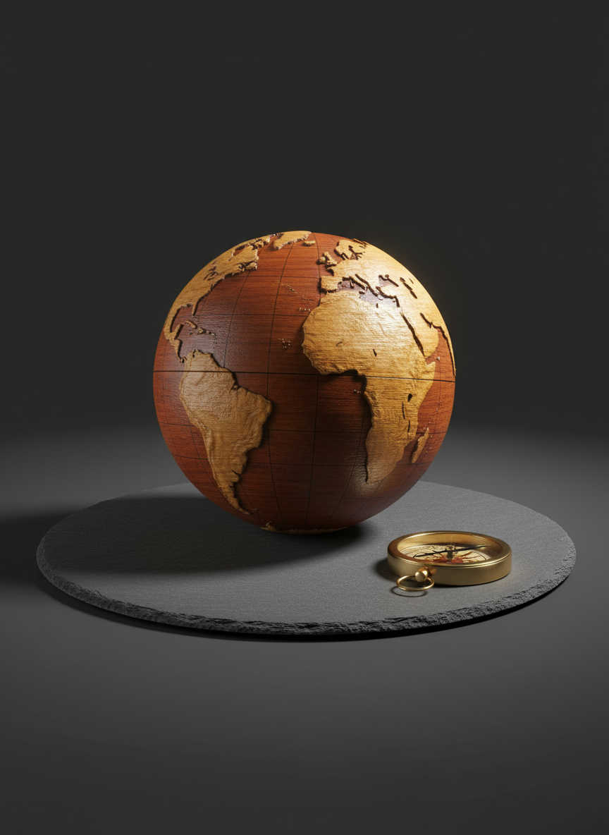 A hand-carved wooden globe, each continent etched in sharp relief, positioned centrally on a smooth slate platform with a single brass compass beside it. The background is a deep, matte charcoal, offering a minimalist visual stage. Directional studio lighting from one side casts defined, crisp-edged shadows and brings out the globe’s textures, while the compass catches a small, focused highlight. The composition is eye-level and centered, drawing the viewer into the bold, purposeful world-travel theme. The photographic style is clean, modern, and impactful, aligning with a sense of mission and discovery central to the Rooted & Roaming Teacher blog.