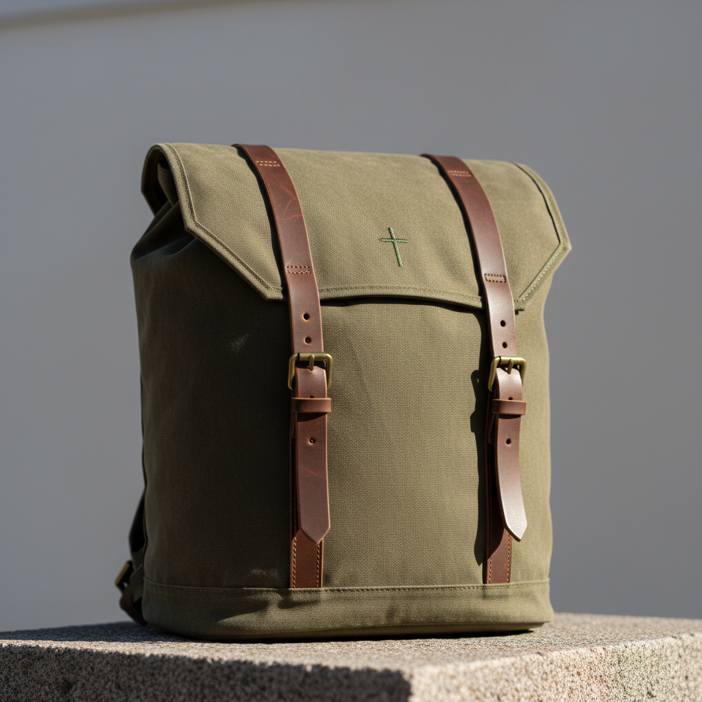 A simple, robust canvas backpack in olive green with hand-stitched leather straps and a subtle embroidered faith symbol, propped upright on an unadorned stone ledge. The background is intentionally bare and softly out-of-focus in pale gray, emphasizing the bag's sturdy form. Bright, direct sunlight casts dramatic, well-defined shadows that contour the bag, bringing attention to every seam and grain in the leather. Captured from a slightly low angle with the backpack dominating the frame, the image conveys a dynamic sense of readiness and adventure. Photographic realism and minimalist composition evoke the traveling teacher’s bold, purpose-fueled path.